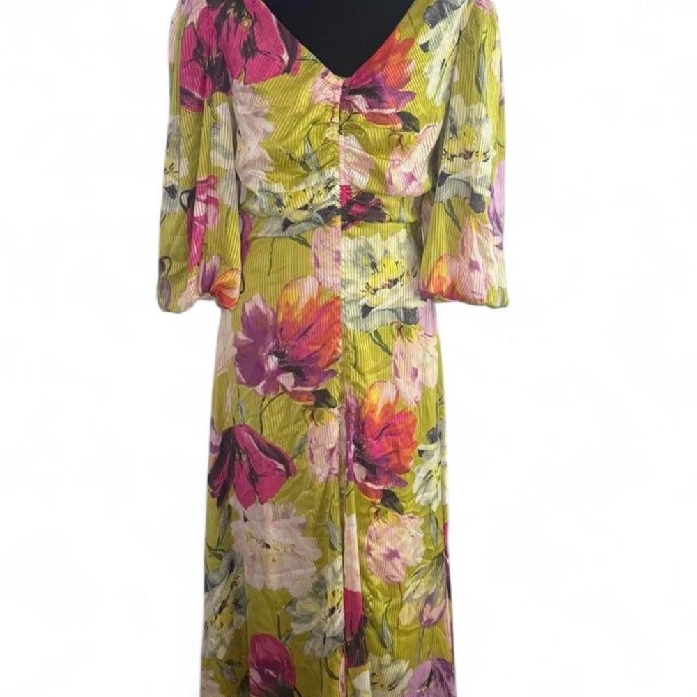 Taylor Floral Satin Midi Dress Chartreuse Green Puffed Sleeve 16